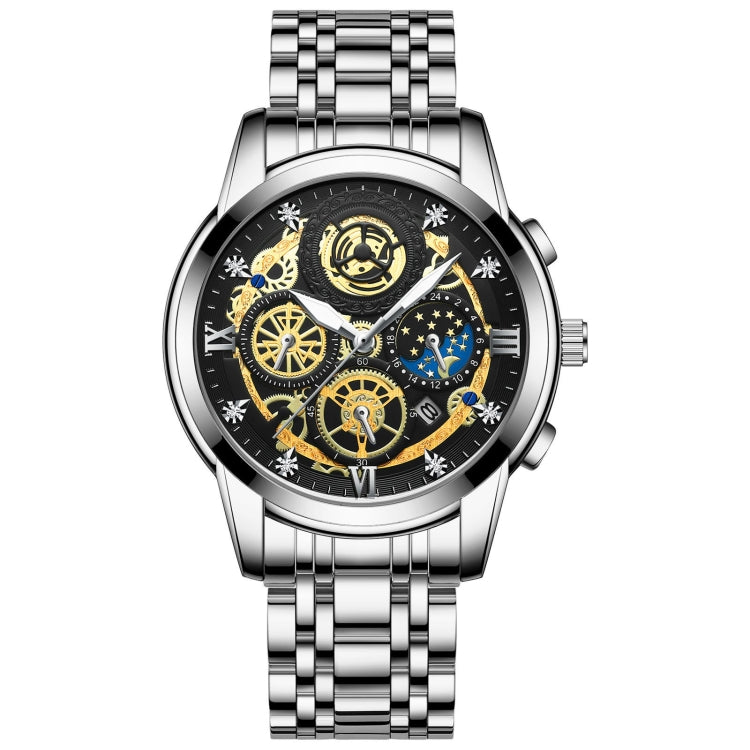 BINBOND 4010 Multifunctional Waterproof Hollowed Luminous Quartz Watch — Inter-gold Black Surface