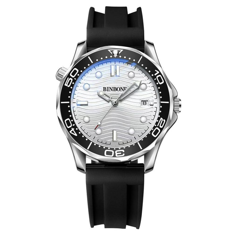 BINBOND B2820 Luminous 30m Waterproof Men Sports Quartz Watch — Black Silicon White Steel Black