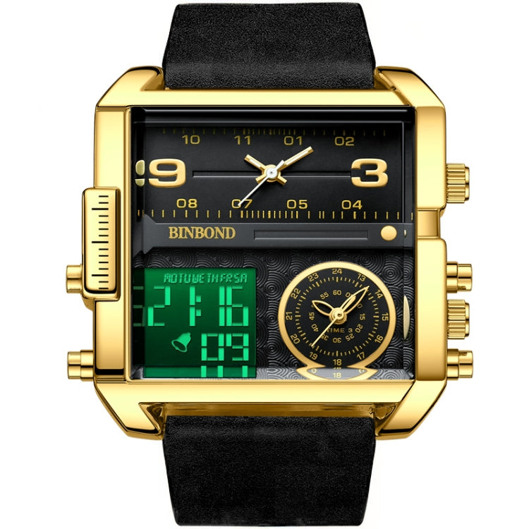 BINBOND B3332 Square Multifunctional Sports Quartz Waterproof Watch — Black Leather-White-White