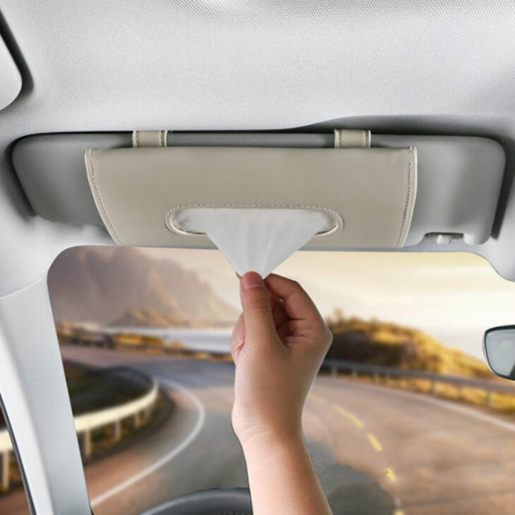 Car Sun Visor Tissue Holder Leather Hanging Storage Box — Beige