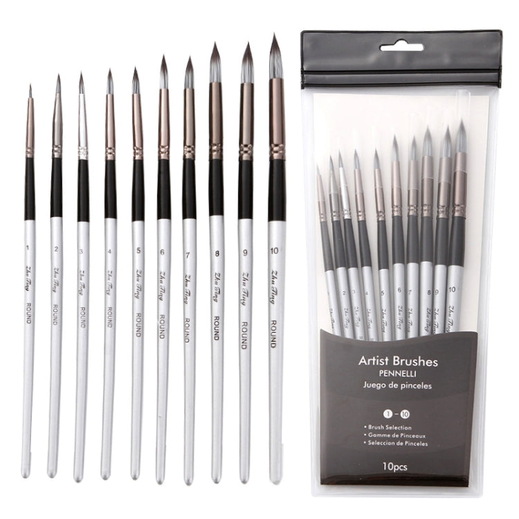 Nylon Hair Watercolor Paint Brush Set Wooden Handle Round Pointed Acrylic Painting Pens, 10 In 1