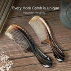 Black Flower Horn Carved Round Handle Comb, Color Random Delivery