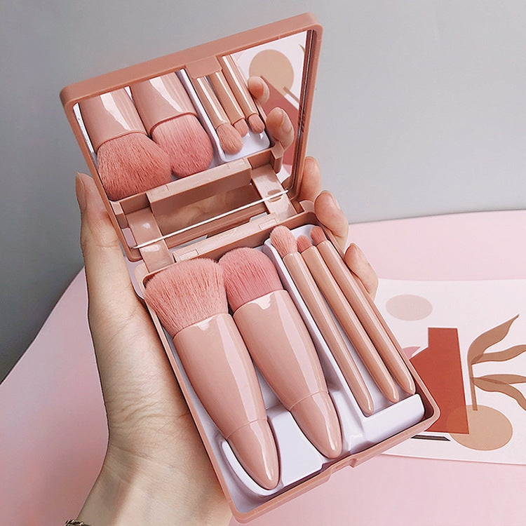 5pcs/Set Medium Portable Makeup Brush Set With Mirror Mini Multifunctional Makeup Brush