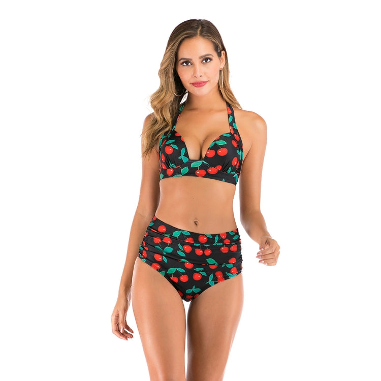 Lace-Up Halter Backless High-Waisted Swimsuit Split Printed Bikini Swimsuit