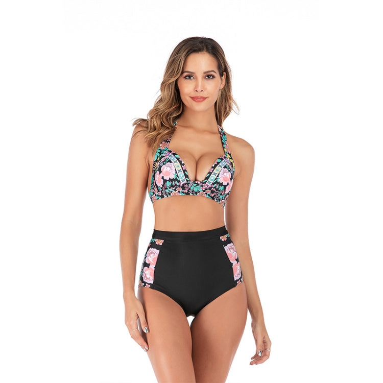 Lace-Up Halter Backless High-Waisted Swimsuit Split Printed Bikini Swimsuit
