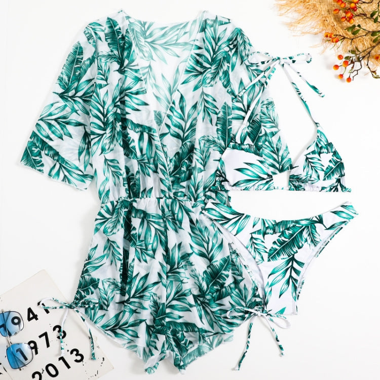 Leaf-print Waist Lace-up Three-Piece Bikini Set Long-sleeved Beach Sun Protection Swimsuit
