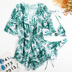 Leaf-print Waist Lace-up Three-Piece Bikini Set Long-sleeved Beach Sun Protection Swimsuit