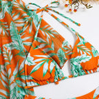 Leaf-print Waist Lace-up Three-Piece Bikini Set Long-sleeved Beach Sun Protection Swimsuit