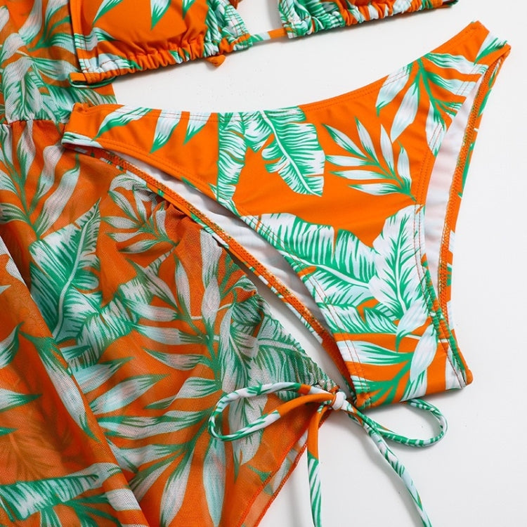 Leaf-print Waist Lace-up Three-Piece Bikini Set Long-sleeved Beach Sun Protection Swimsuit