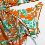 Leaf-print Waist Lace-up Three-Piece Bikini Set Long-sleeved Beach Sun Protection Swimsuit