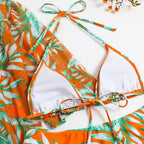 Leaf-print Waist Lace-up Three-Piece Bikini Set Long-sleeved Beach Sun Protection Swimsuit