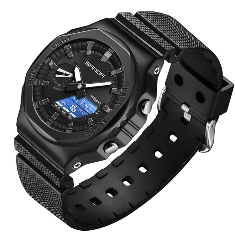SANDA Octagonal Oak Hand Lamp Waterproof Sports Alarm Clock Men Watch — Full Black