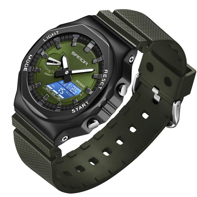 SANDA Octagonal Oak Hand Lamp Waterproof Sports Alarm Clock Men Watch — Black Silver