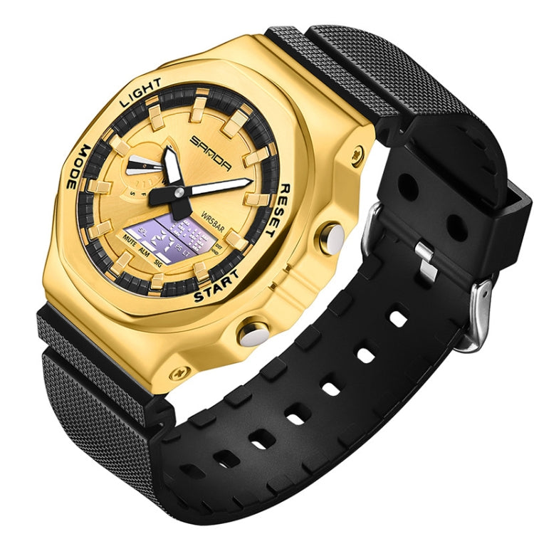 SANDA Octagonal Oak Hand Lamp Waterproof Sports Alarm Clock Men Watch — Black Red