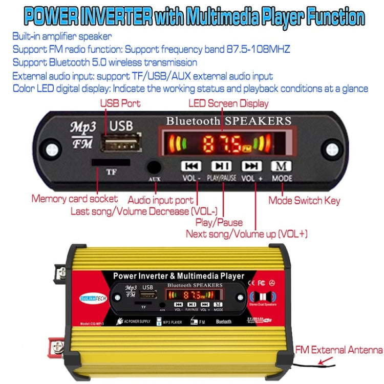 SOLIKE TECH 300W Inverter with Bluetooth MP3/FM Multimedia Player