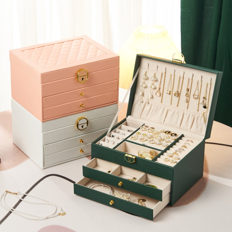 Diamond Pattern PU Leather Three-layer Drawer Jewelry Box Necklace Ring Jewelry Storage Box