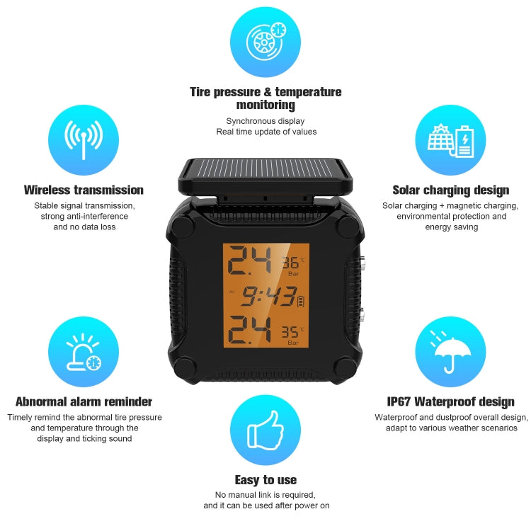 Solar Motorcycle Tire Pressure Monitor Color Screen High Precision Sensor