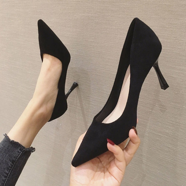 Women Suede High Heels Shallow Mouth Pointed Toe Square Buckle Thin Heel Pumps — view 26