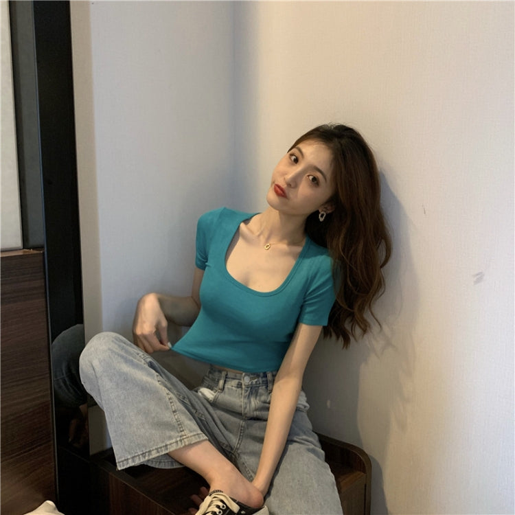 Square Neck Slim Crop Top Summer Short Sleeve Bottoming Shirt — White