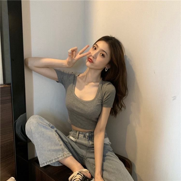 Square Neck Slim Crop Top Summer Short Sleeve Bottoming Shirt — Orange