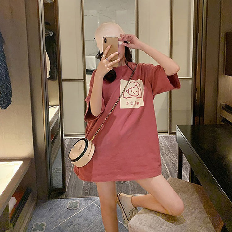 Women Short Sleeve Mid-Length Student Round Neck Loose Girl T-Shirt — M