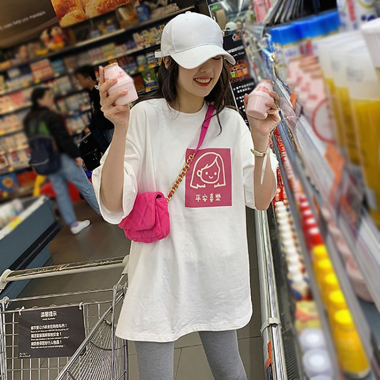 Women Short Sleeve Mid-Length Student Round Neck Loose Girl T-Shirt — White