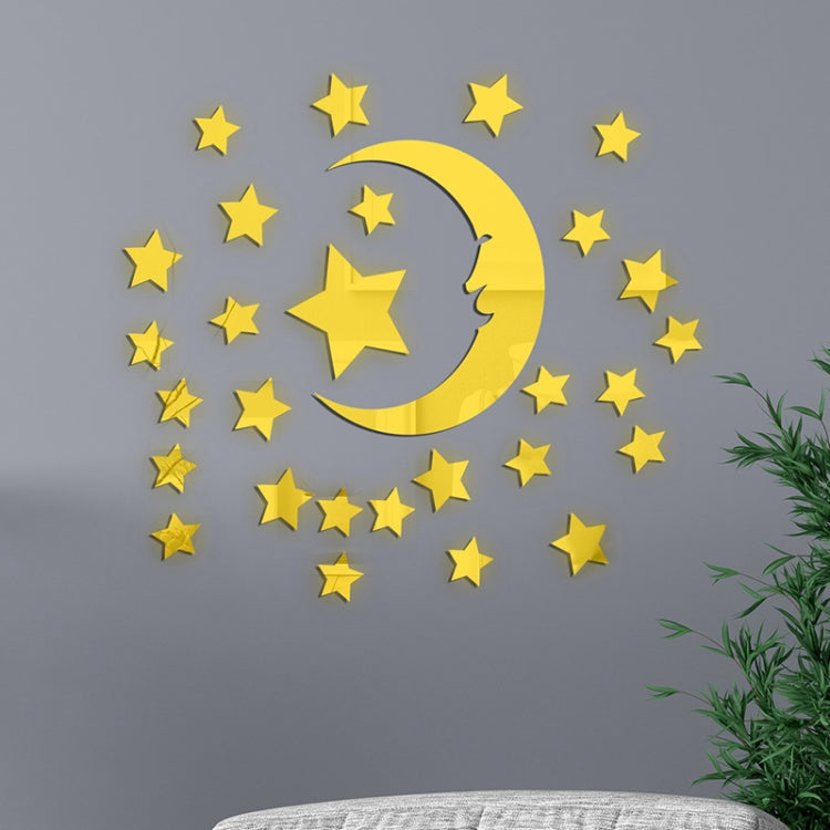 29pcs /Set Acrylic Stars And Moon Stereoscopic Mirror Wall Stickers Self-Adhesive Bedroom Background Wall Decoration — Stars And Moon
