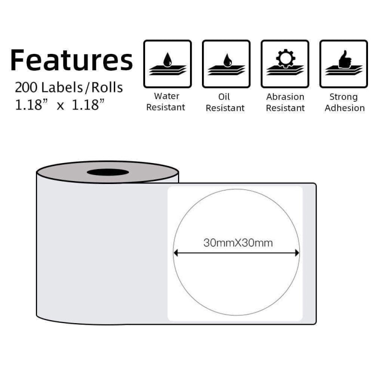 For Phomemo M110 / M200 200pcs /Roll 30x30mm Round Self-Adhesive Thermal Labels