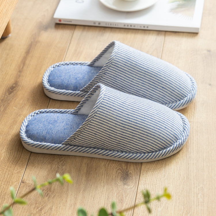 Autumn Winter House Slippers Striped Linen Non-Slip Soft Underside Cotton Flat Shoes — Blue
