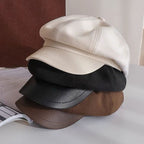 Women Beret Autumn Literary Retro Newsboy Hat Octagonal Girl Cap — Beige