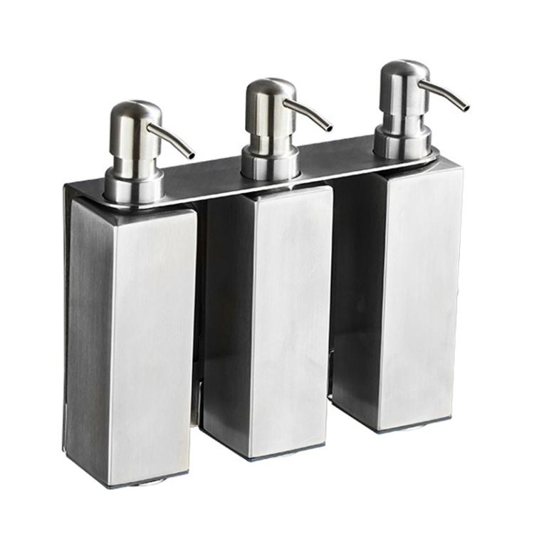 Hotel Stainless Steel Soap Dispenser Home Wall Mounted No Punch Press To Soap Bottle — Square 3 Barrel