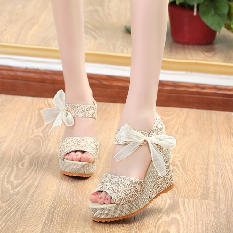 Summer Women Sandals Slope Heel Lace Open Toe Adhesive One Word Buckle Strap Muffin Thick Bottom Shoes — view 15