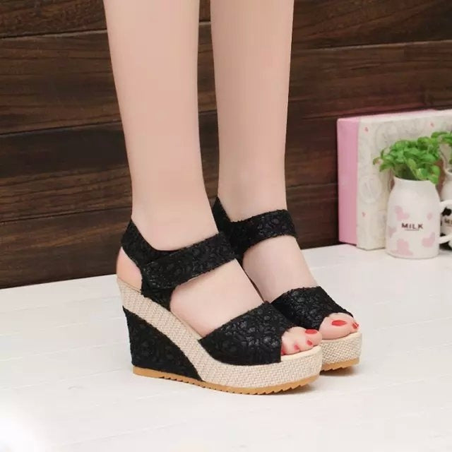 Summer Women Sandals Slope Heel Lace Open Toe Adhesive One Word Buckle Strap Muffin Thick Bottom Shoes — 39