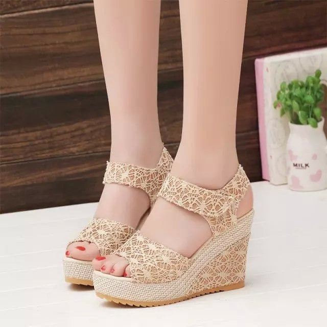 Summer Women Sandals Slope Heel Lace Open Toe Adhesive One Word Buckle Strap Muffin Thick Bottom Shoes — view 14