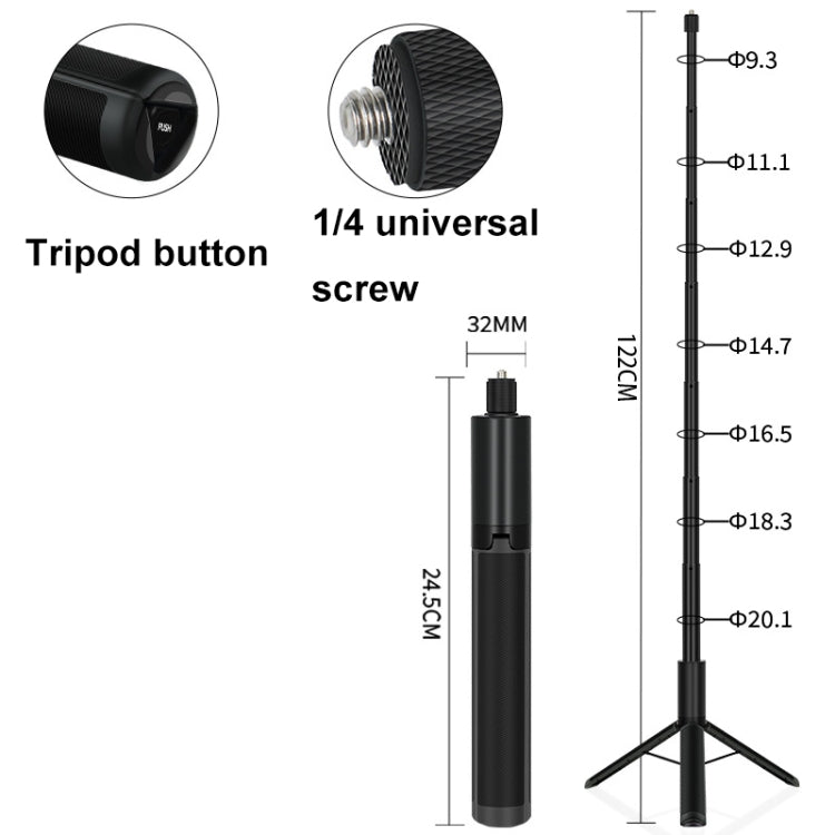 Retractable Integrated Camera Panoramic Invisible Selfie Stick Tripod, 1.22m For Insta360 One X