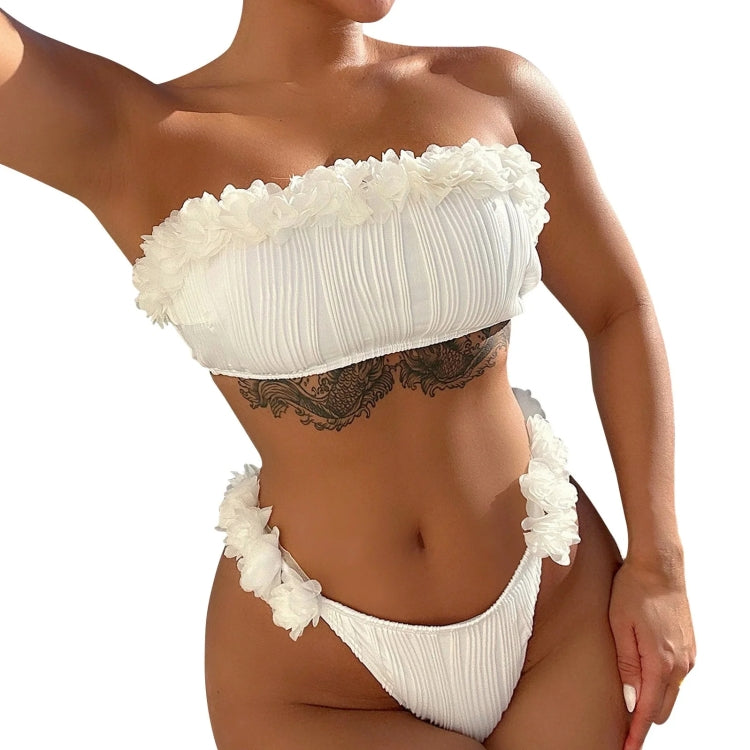 Women Two-Piece Swimsuit Strapless Sexy Bikini Top With Flower Decoration — S