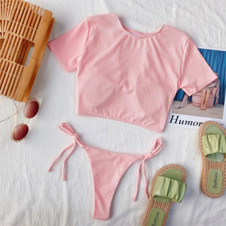 Women Two-Piece Short Sleeve Hollow Swimwear Set Female Bikini Bathing Suit — view 5