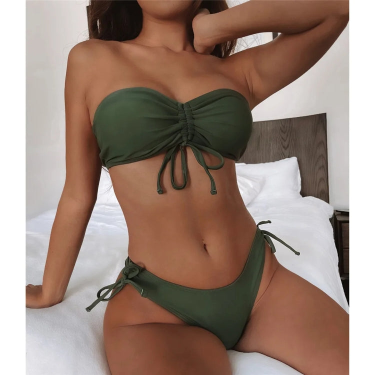 Women Sexy Lace Up Bandeau Two Pieces Set Bikini Drawstring Tie Side Swimsuit Swimwear — M