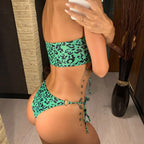 Two-pieces Bikini Set Lace Up Swimsuit Sexy Bandeau Thong — Green Leopard Print