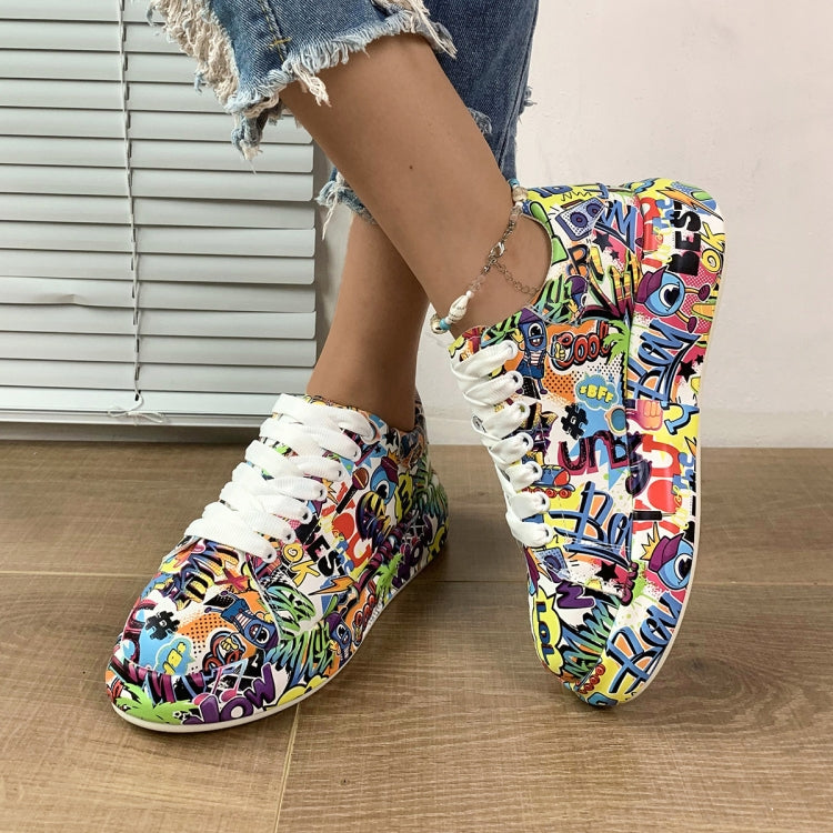 Outdoor Thick Bottom Lacing Sneakers Cartoon Graffiti Printed Couple Casual Shoes — Black