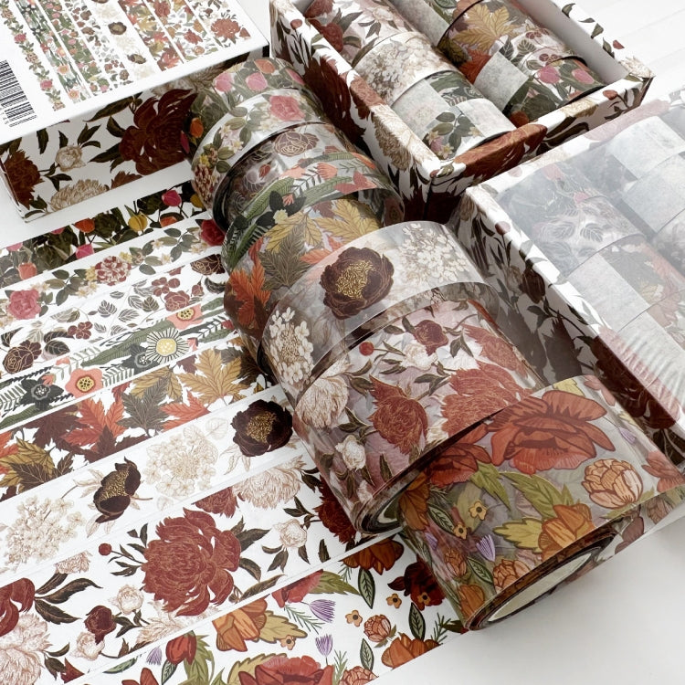 8rolls /Box Ancient Style Transparent PET Tape Set for Journaling 3cm x 2+2cm x 2+1.5cm x 4 — Flourishing Blossoms