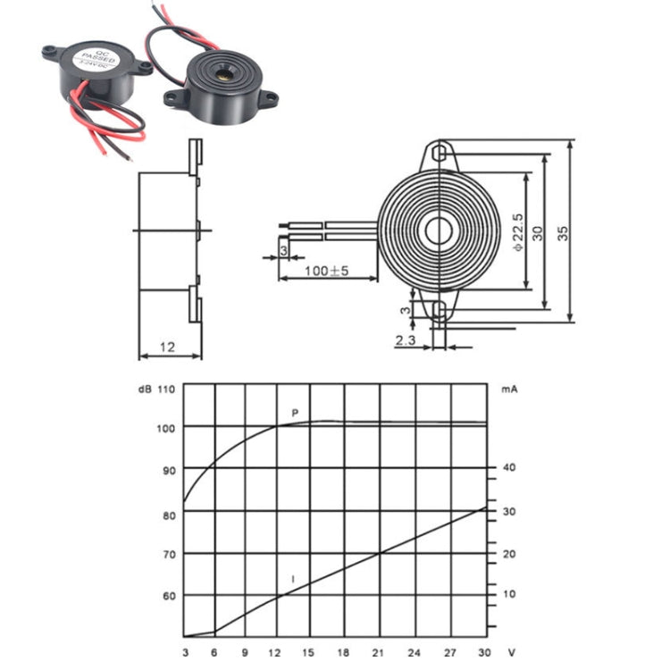 High Decibel Continuous Sound Alarm Active Piezo Buzzer, SFM-20B DC3-24V 95dB
