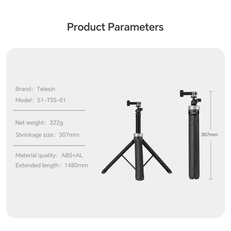 TELESIN 360 Degree Rotation 1.5m Selfie Stick Foldable Tripod for DJI, Insta360, GoPro and Other Action Cameras