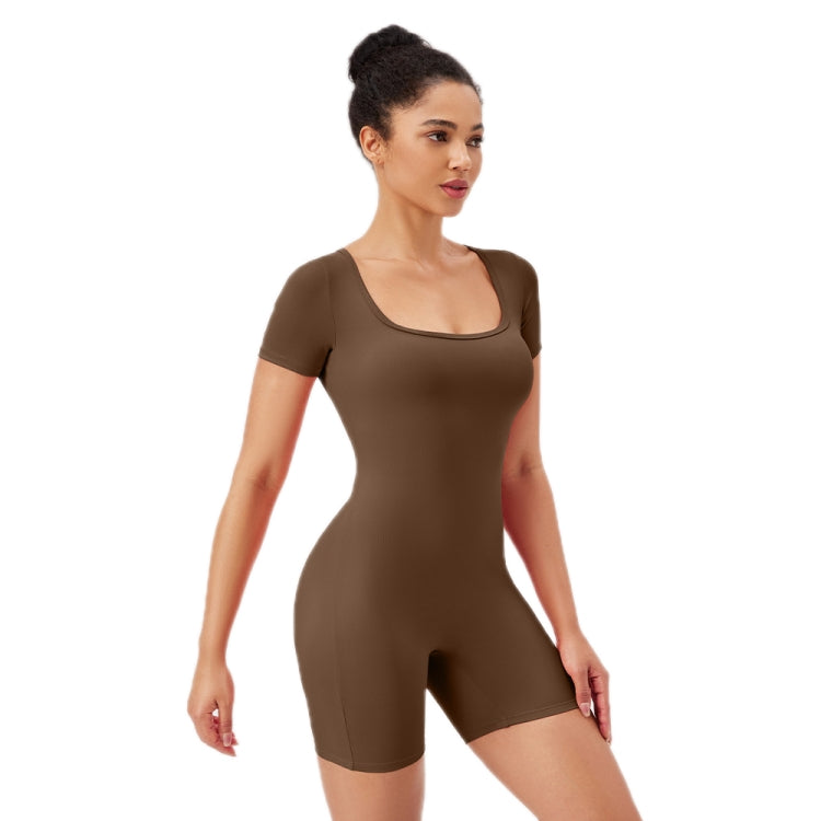 Women Square Neck Tight Quick-drying Yoga Short-sleeved Jumpsuit — Dark Brown
