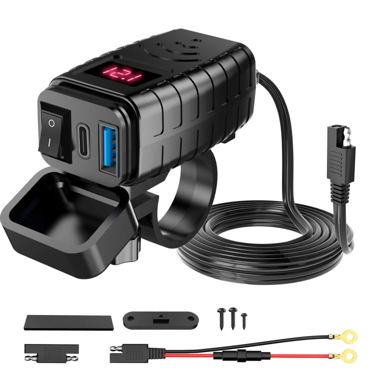 PD3.0 Motorcycle USB Mobile Phone Charger Digital Voltage Meter with Switch — Blue Screen
