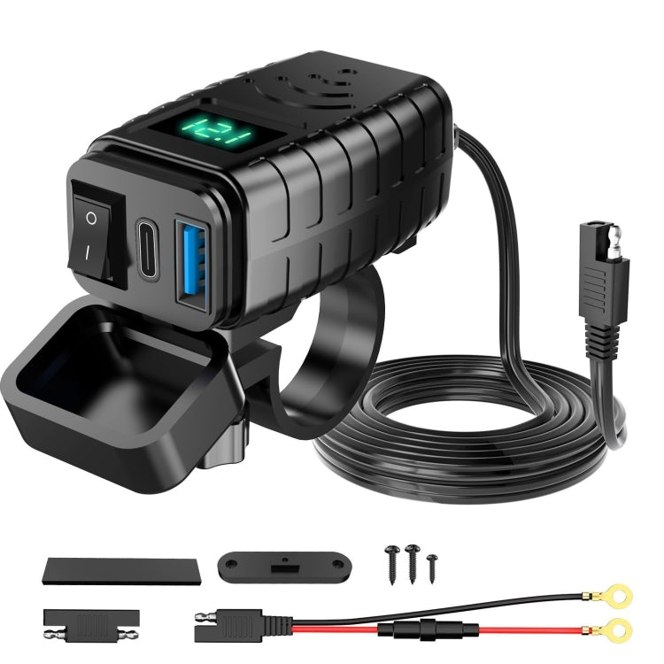 PD3.0 Motorcycle USB Mobile Phone Charger Digital Voltage Meter with Switch — Red Screen