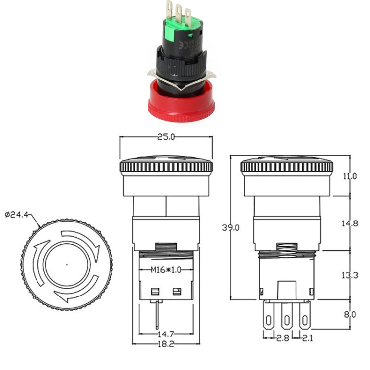 16mm Mounting Hole Emergency Stop Switch Mushroom Type Self-Locking Pushbutton Switches