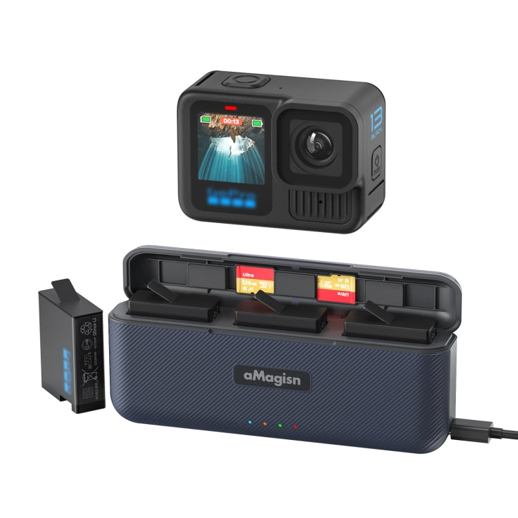 Black aMagisn Battery Charging Box Triple Slot Charging Case, For GoPro HERO13