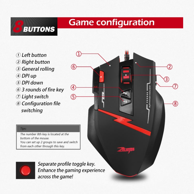 ZELOTES C8 8-buttons Ergonomic Game Programming Custom Wired Mouse