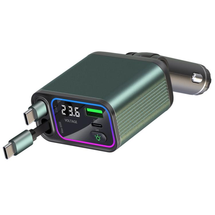 Dual Retractable Cable Auto Stowage Running Ambient Light Voltage Display Car Charger